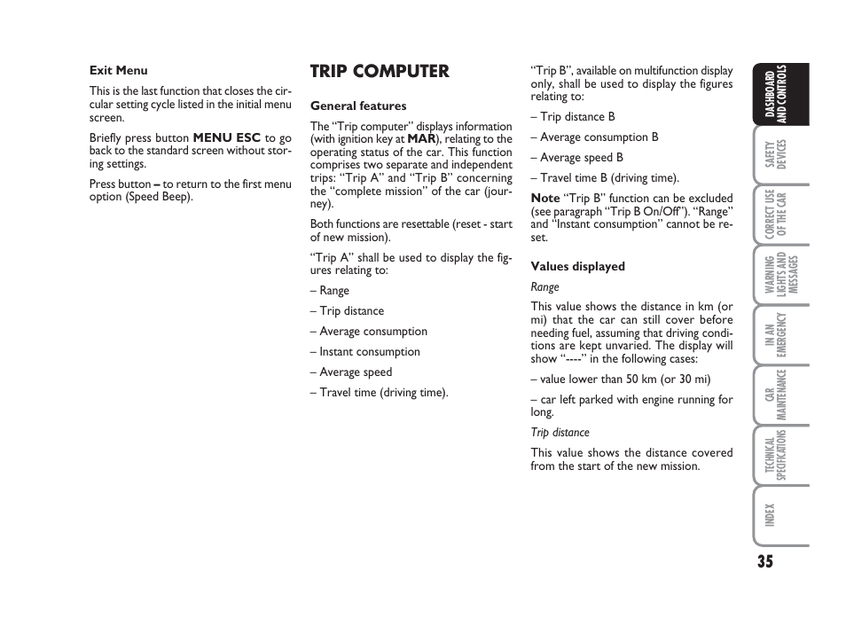 Trip computer | FIAT Grande Punto Actual User Manual | Page 37 / 243