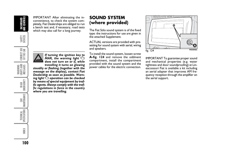 Sound system (where provided) | FIAT Stilo User Manual | Page 101 / 274