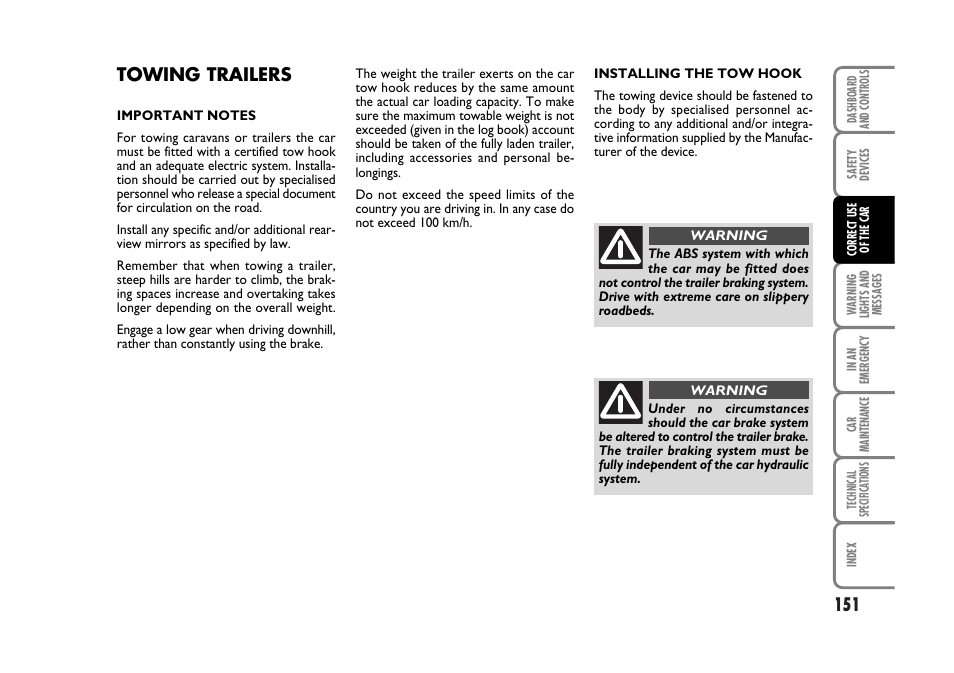 Towing trailers | FIAT Stilo User Manual | Page 152 / 274