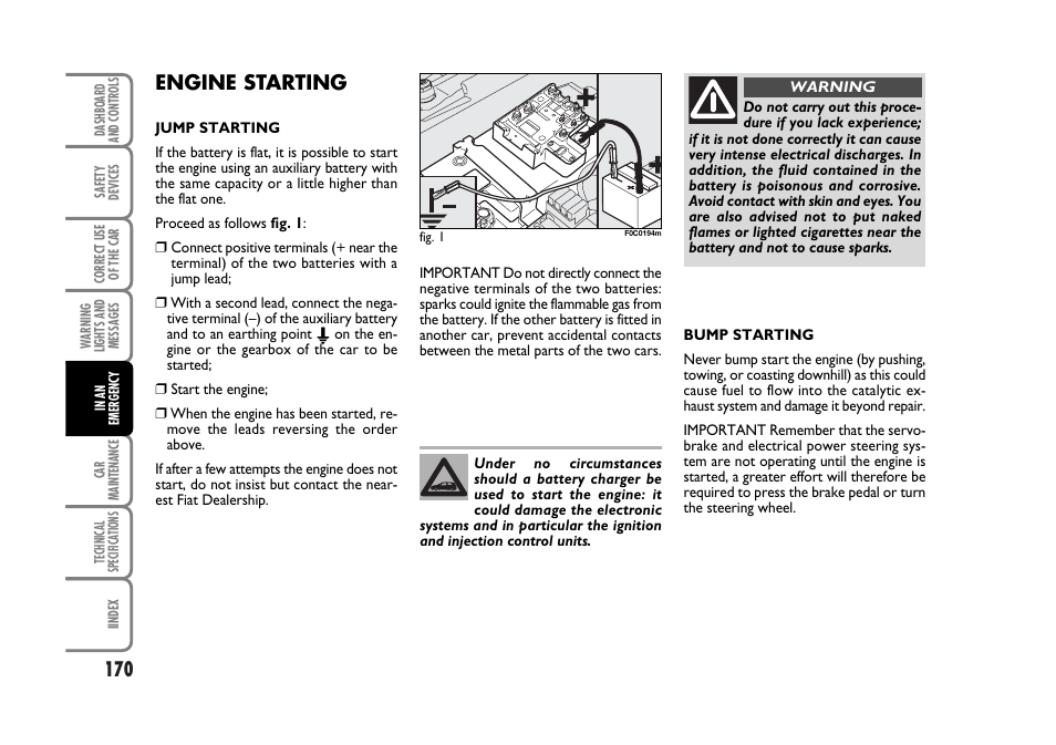 Engine starting | FIAT Stilo User Manual | Page 171 / 274