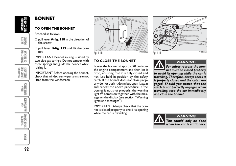 Bonnet | FIAT Stilo User Manual | Page 93 / 274