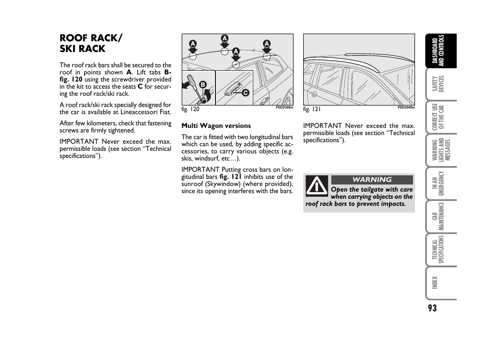 Roof rack/ ski rack | FIAT Stilo User Manual | Page 94 / 274