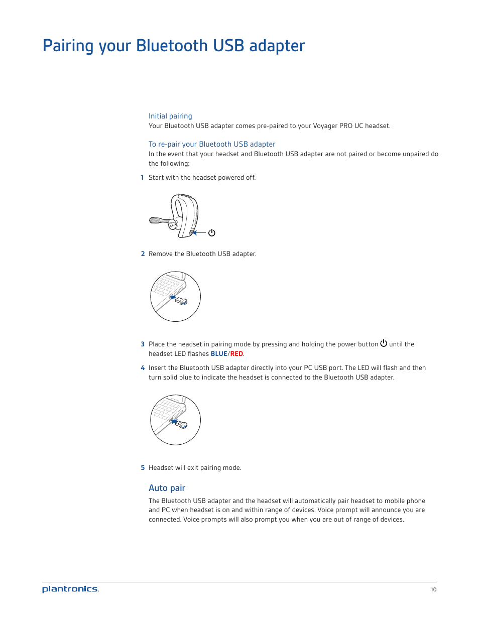 Pairing your bluetooth usb adapter, Initial pairing, To re-pair your bluetooth usb adapter | Auto pair | Plantronics Voyager PRO UC User Manual | Page 10 / 23