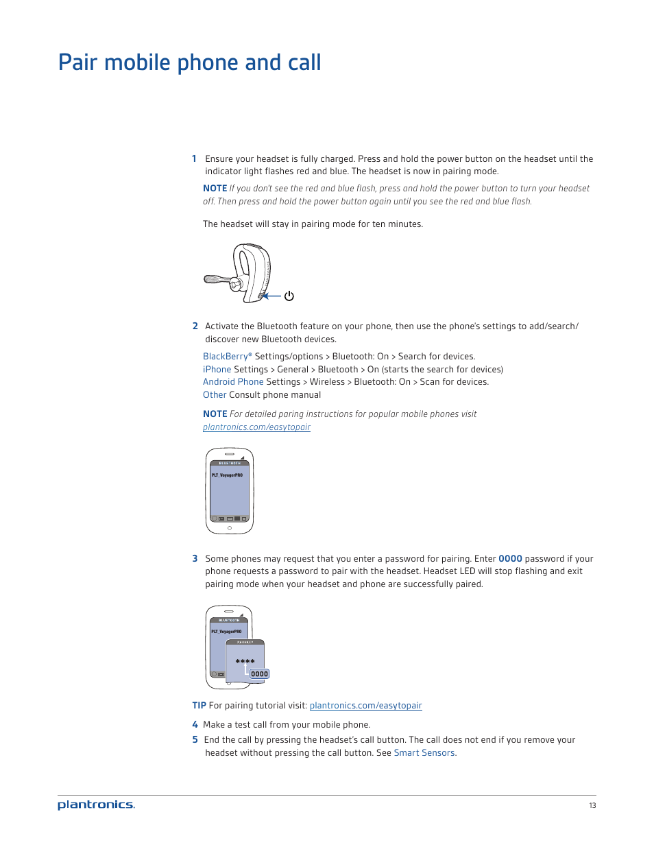 Pair mobile phone and call | Plantronics Voyager PRO UC User Manual | Page 13 / 23