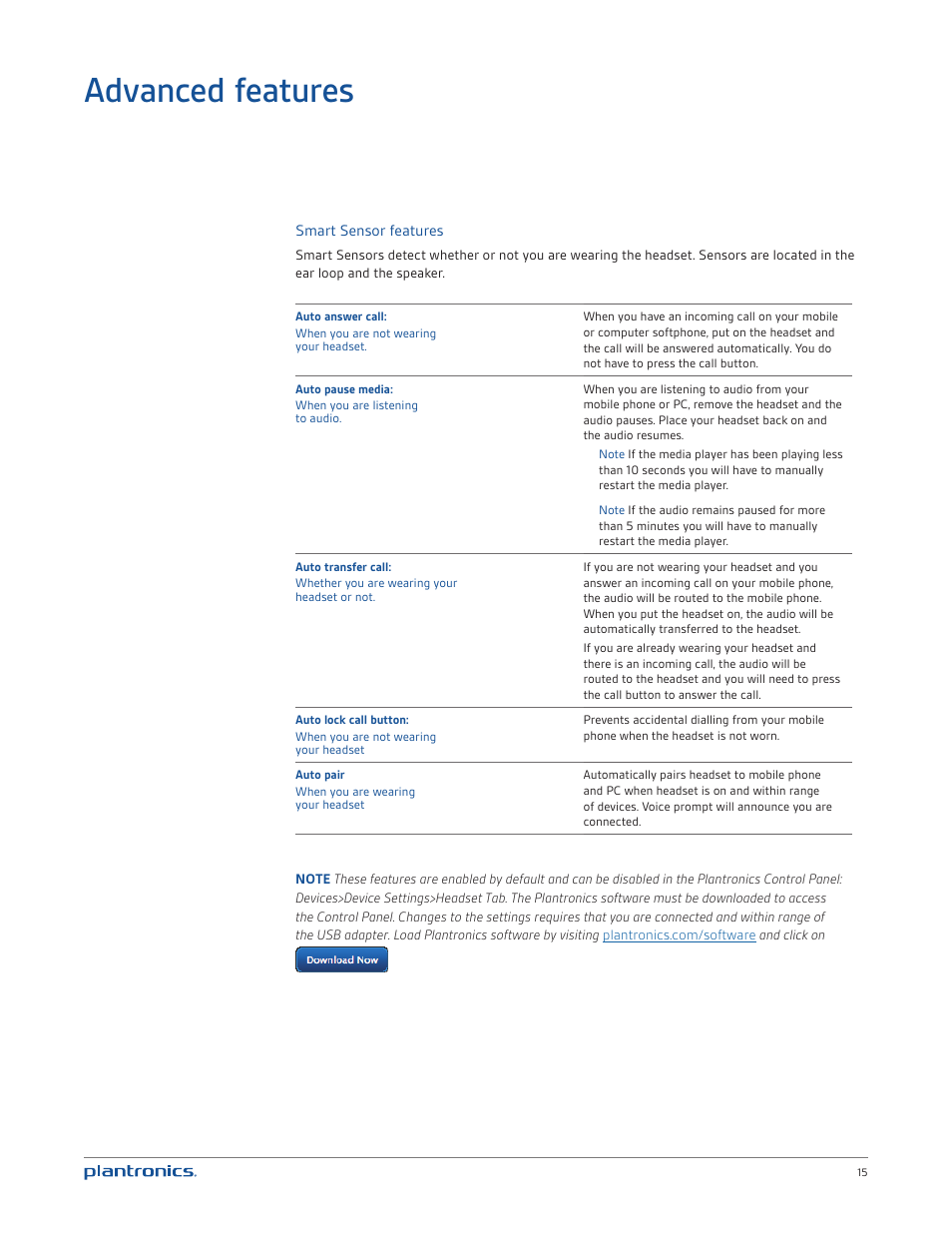 Advanced features, Smart sensor features | Plantronics Voyager PRO UC User Manual | Page 15 / 23