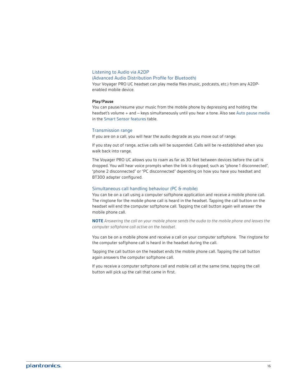 Transmission range, Simultaneous call handling behaviour (pc & mobile) | Plantronics Voyager PRO UC User Manual | Page 16 / 23