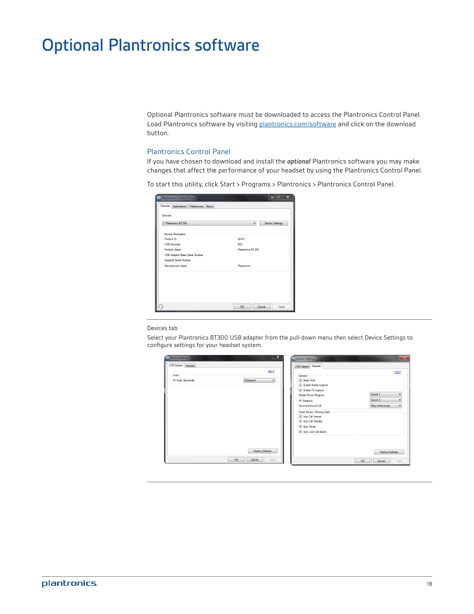Optional plantronics software, Plantronics control panel | Plantronics Voyager PRO UC User Manual | Page 18 / 23
