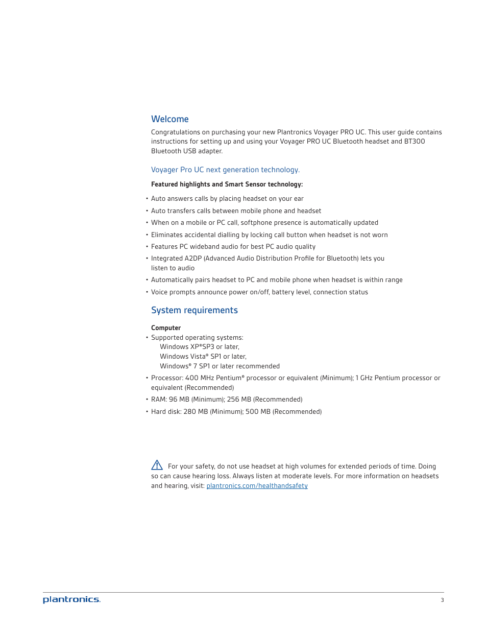 System requirements, Welcome, Voyager pro uc next generation technology | Plantronics Voyager PRO UC User Manual | Page 3 / 23