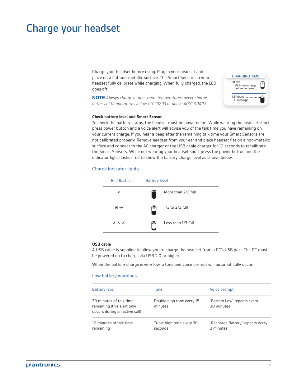Charge your headset, Charge indicator lights, Low battery warnings | Plantronics Voyager PRO UC User Manual | Page 7 / 23