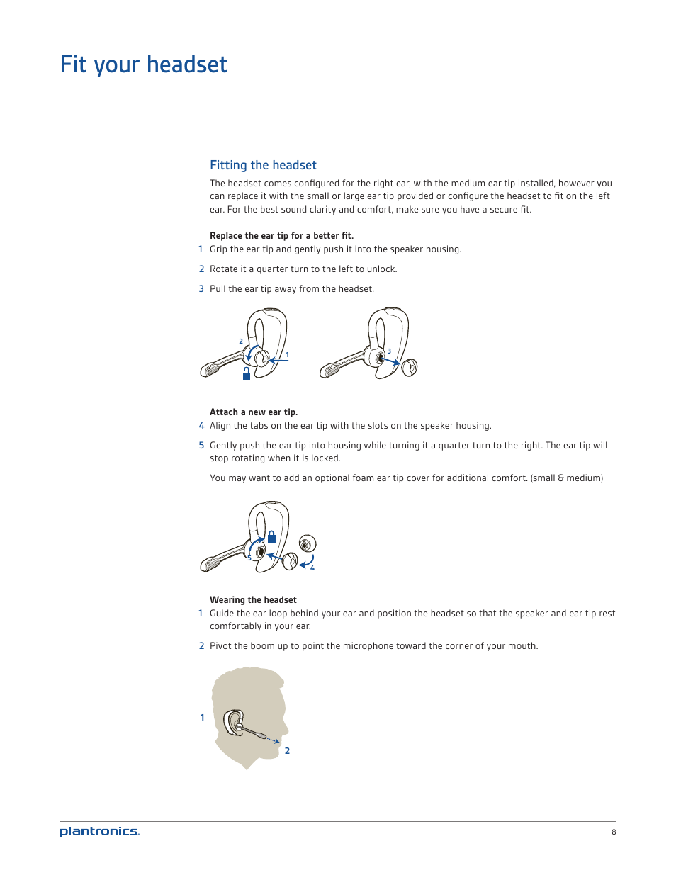 Fit your headset, Fitting the headset | Plantronics Voyager PRO UC User Manual | Page 8 / 23