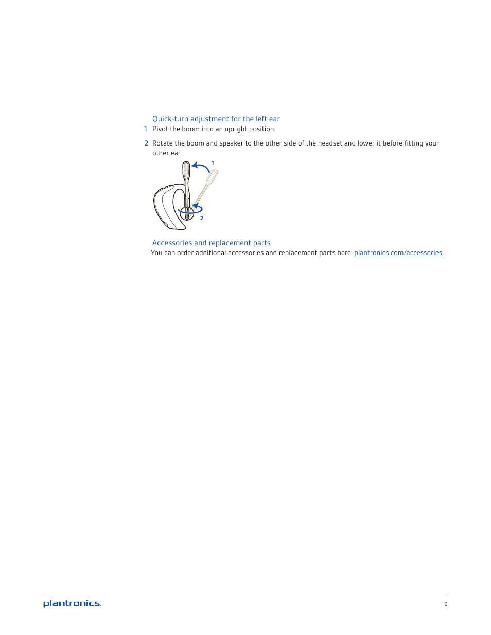 Quick-turn adjustment for the left ear, Accessories and replacement parts | Plantronics Voyager PRO UC User Manual | Page 9 / 23