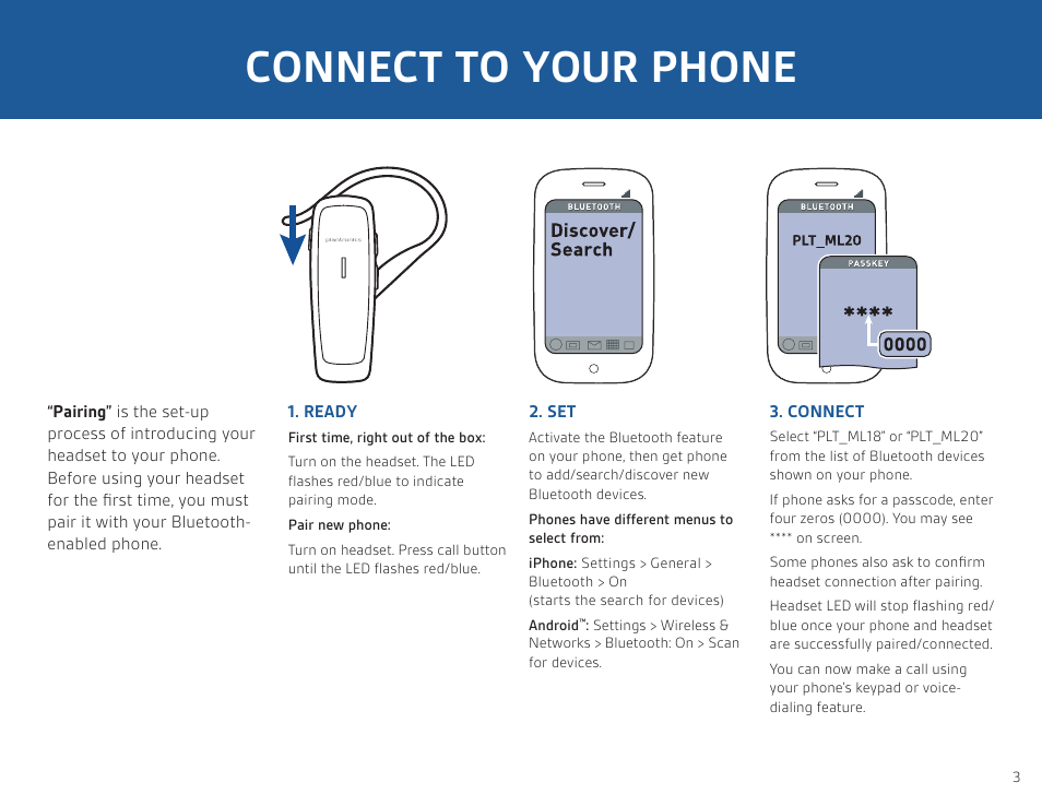 Connect to your phone | Plantronics ML20 User Manual | Page 3 / 8