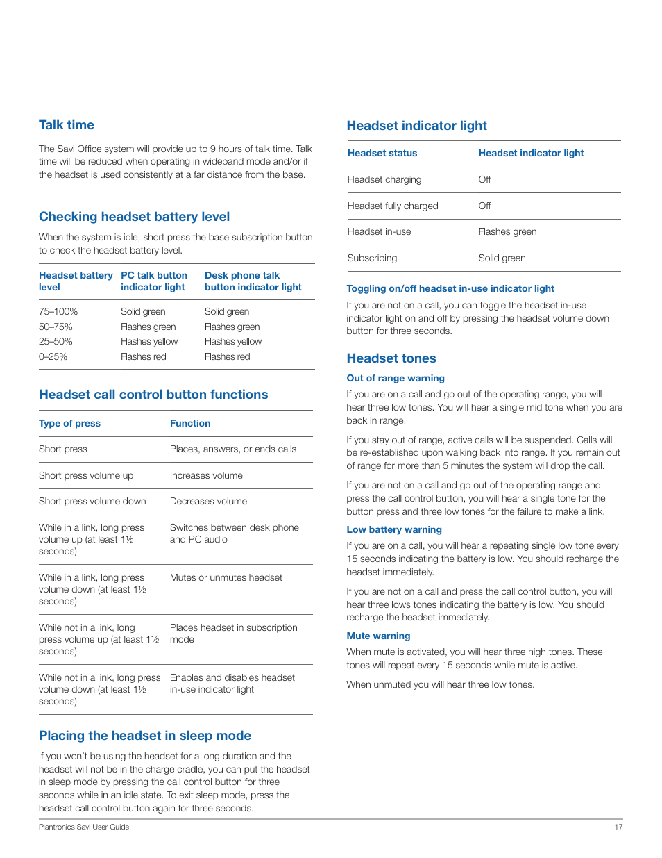 Headset indicator light, Headset tones, Headset call control button functions talk time | Placing the headset in sleep mode, Checking headset battery level | Plantronics Savi Office WO101 User Manual | Page 17 / 25