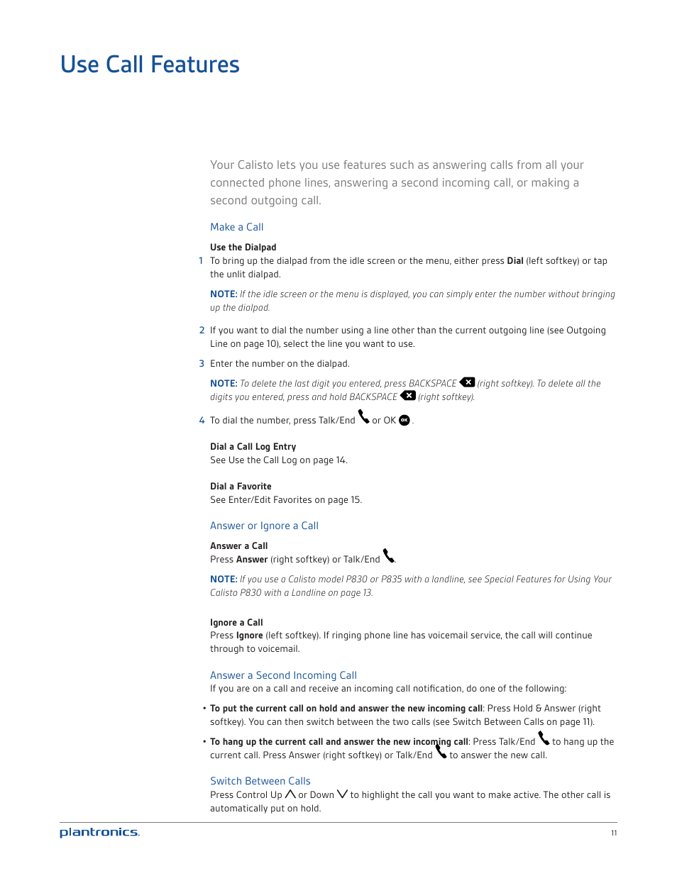 Use call features | Plantronics Calisto 835m User Manual | Page 11 / 34