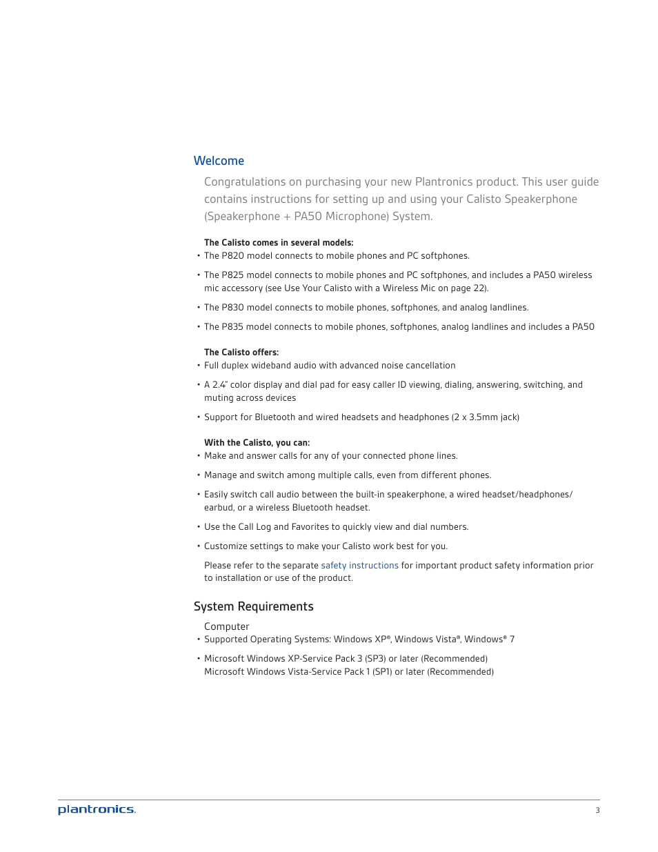 Welcome, System requirements | Plantronics Calisto 835m User Manual | Page 3 / 34
