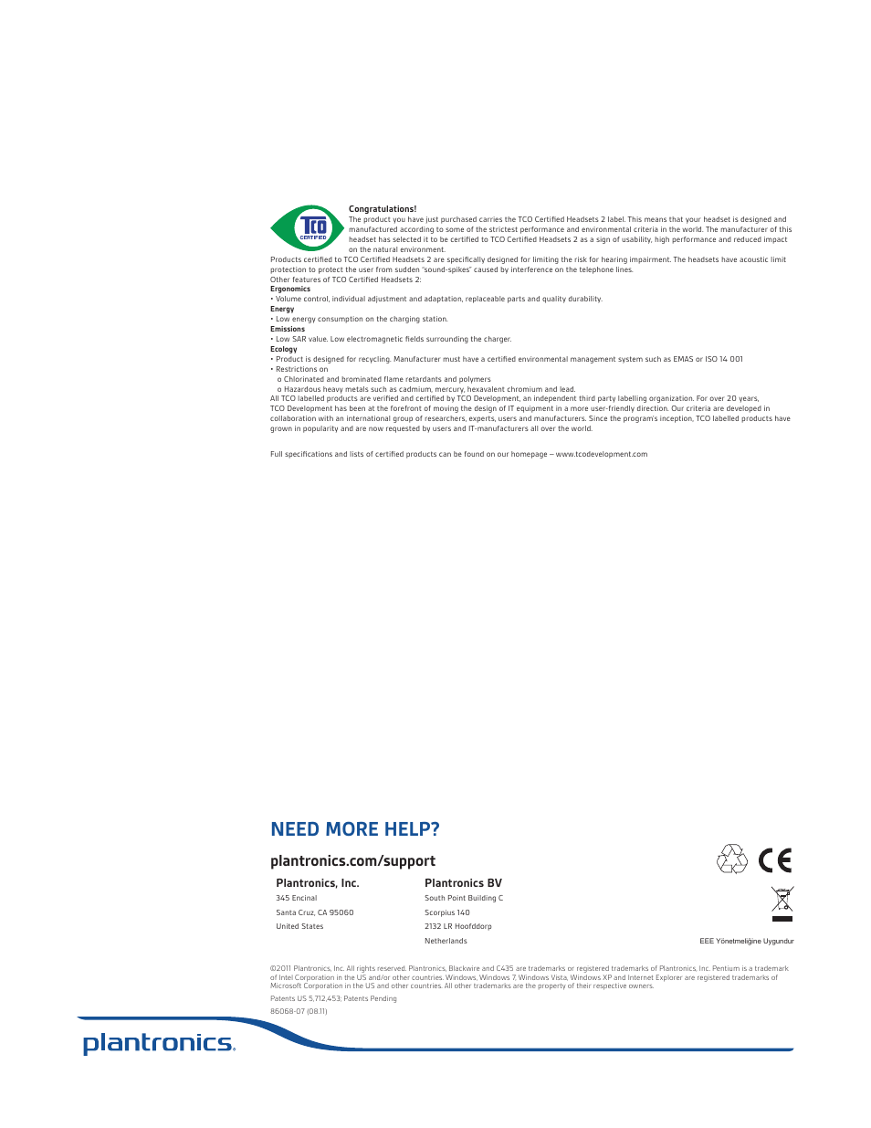 Need more help, Plantronics, inc, Plantronics bv | Plantronics Blackwire 435 User Manual | Page 13 / 13