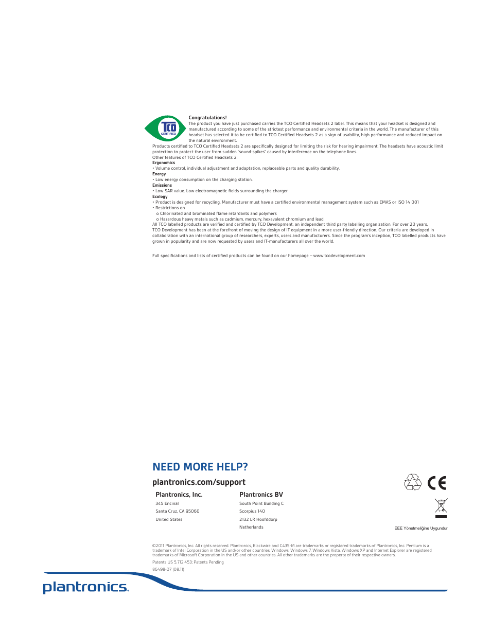 Need more help, Plantronics, inc, Plantronics bv | Plantronics Blackwire 435-M User Manual | Page 14 / 14