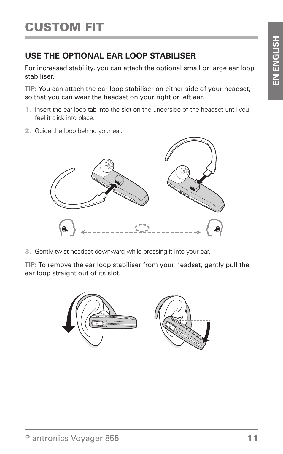 Custom fit | Plantronics Voyager 855 Stereo Bluetooth Headset User Manual | Page 11 / 20
