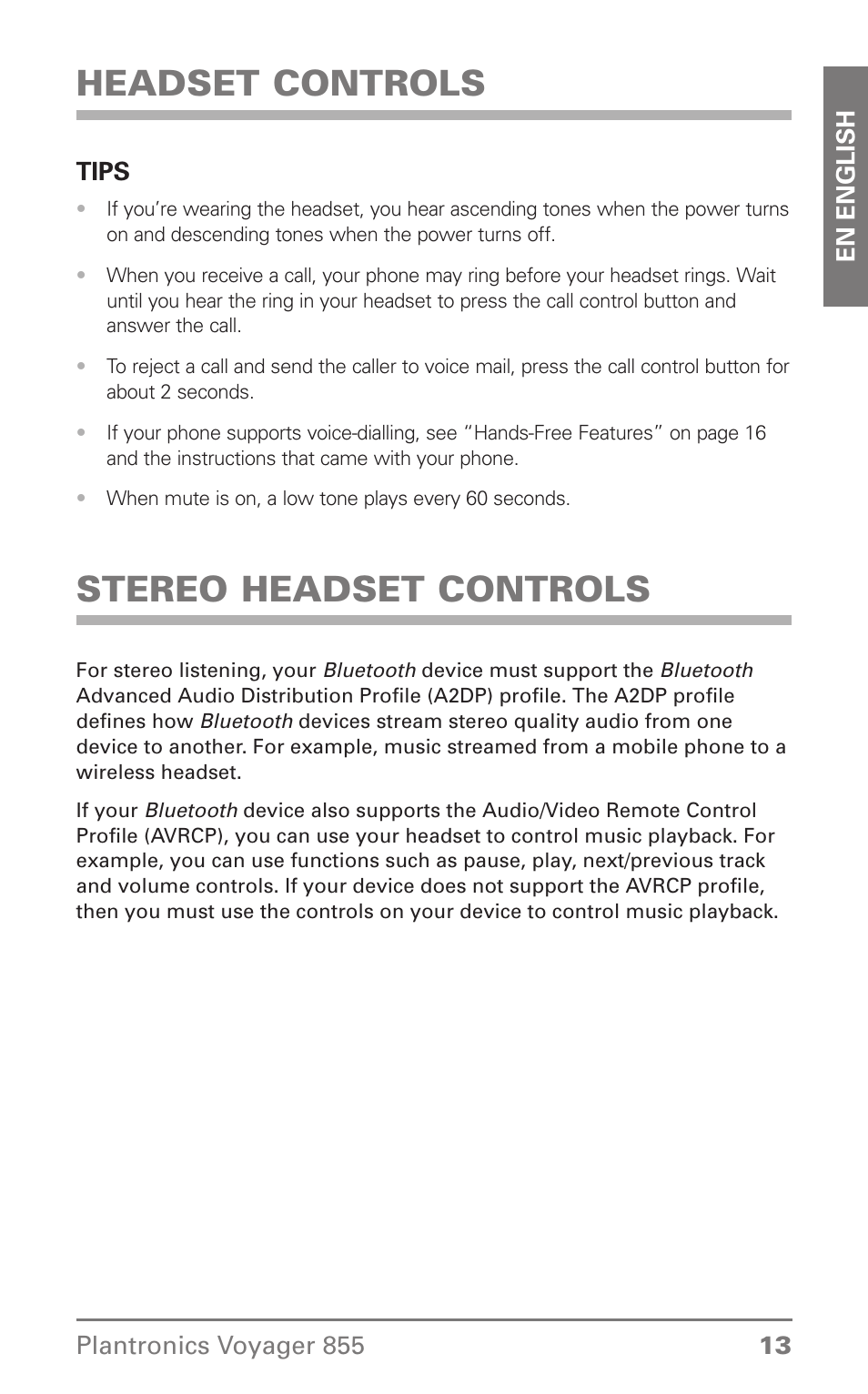Stereo headset controls, Headset controls | Plantronics Voyager 855 Stereo Bluetooth Headset User Manual | Page 13 / 20