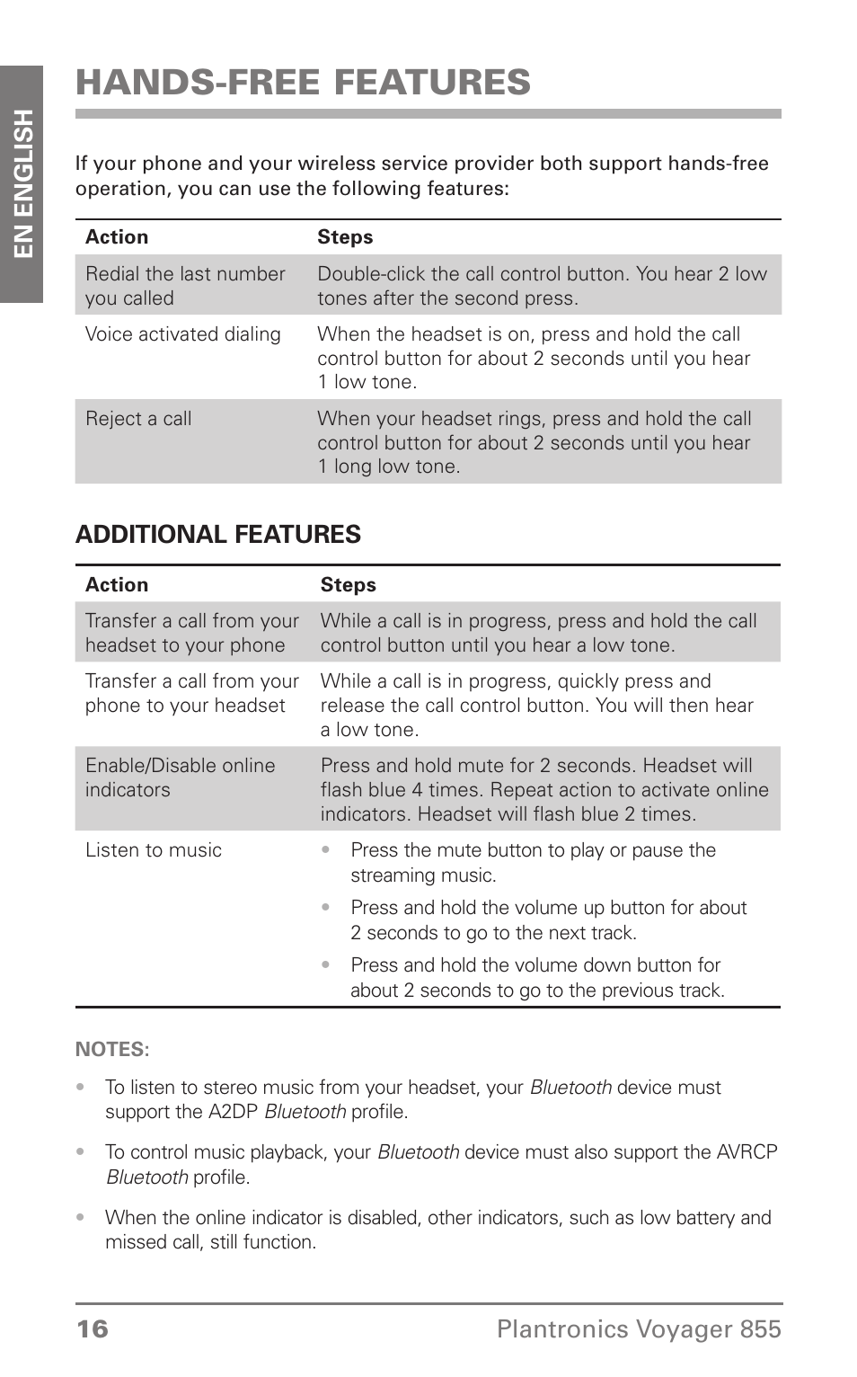 Hands-free features | Plantronics Voyager 855 Stereo Bluetooth Headset User Manual | Page 16 / 20