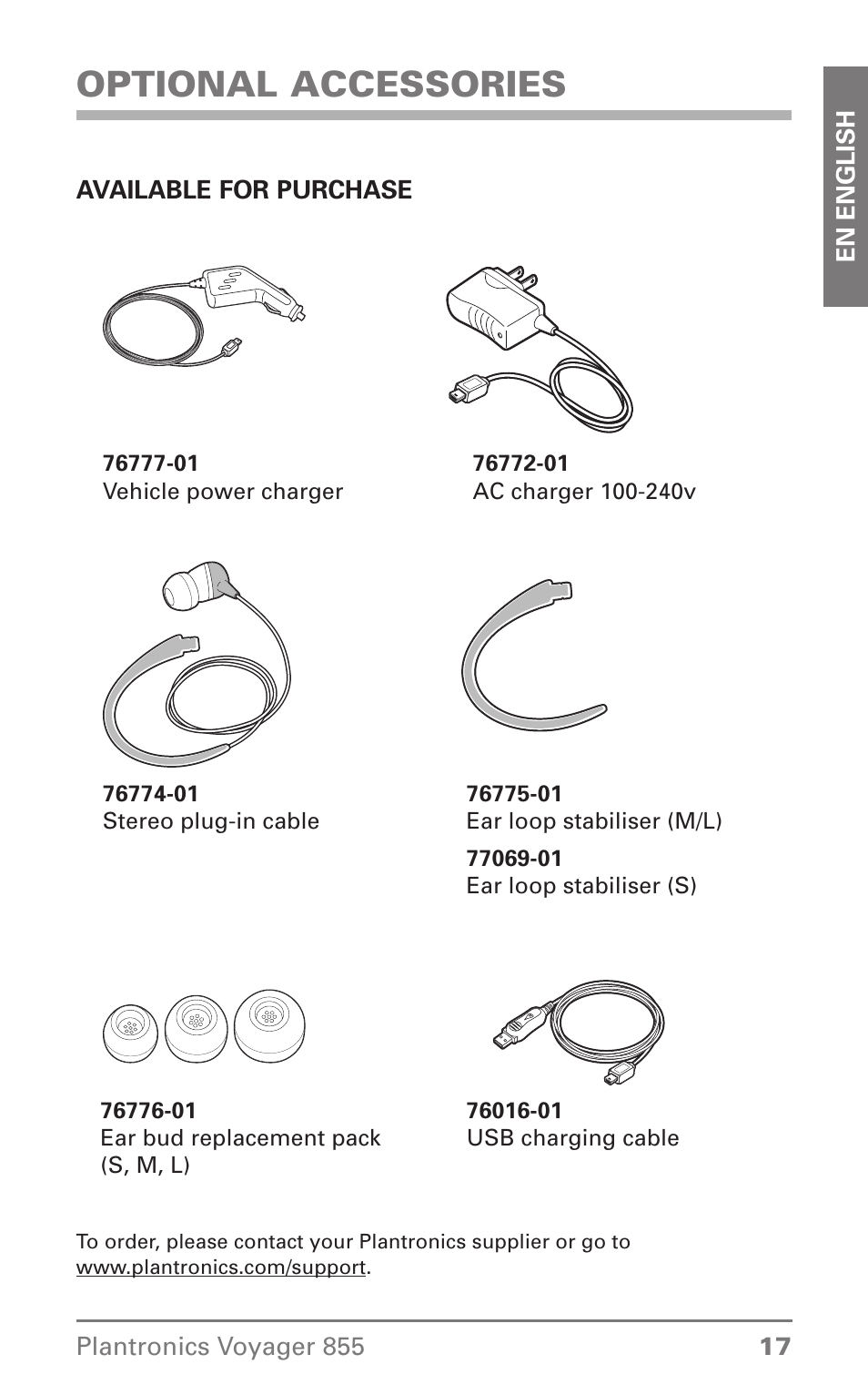 Optional accessories | Plantronics Voyager 855 Stereo Bluetooth Headset User Manual | Page 17 / 20