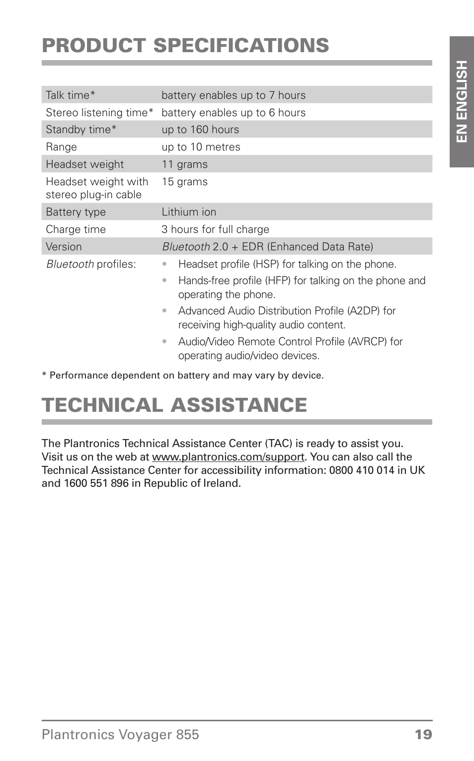 Product specifications, Technical assistance | Plantronics Voyager 855 Stereo Bluetooth Headset User Manual | Page 19 / 20