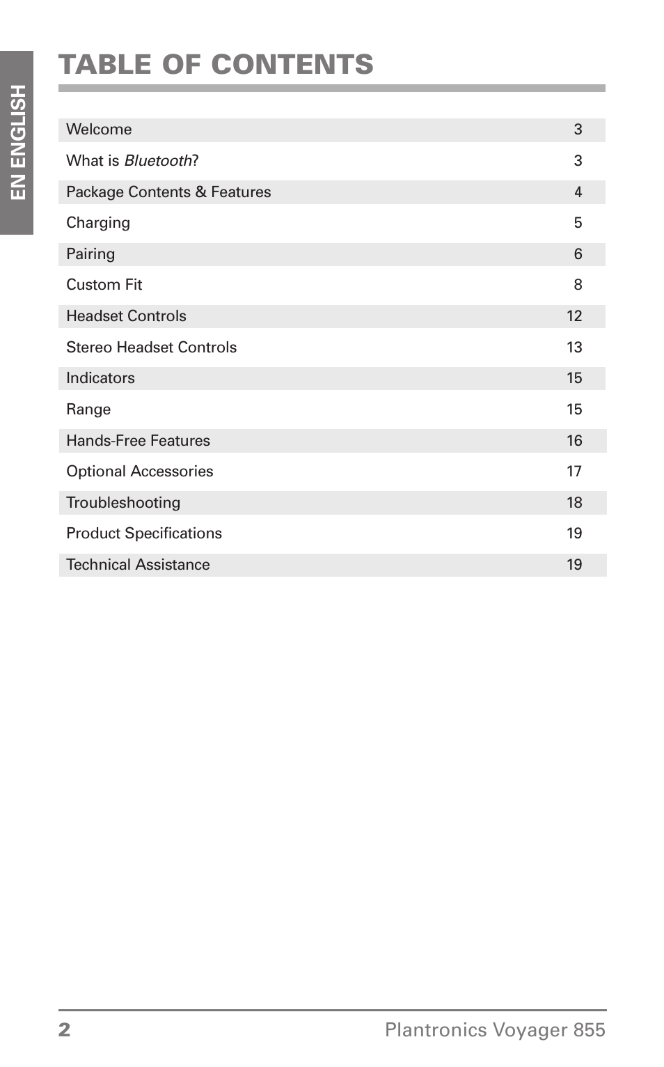 Plantronics Voyager 855 Stereo Bluetooth Headset User Manual | Page 2 / 20