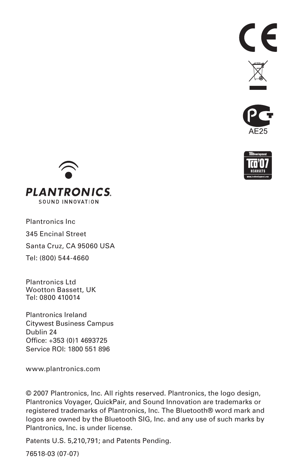 Plantronics Voyager 855 Stereo Bluetooth Headset User Manual | Page 20 / 20