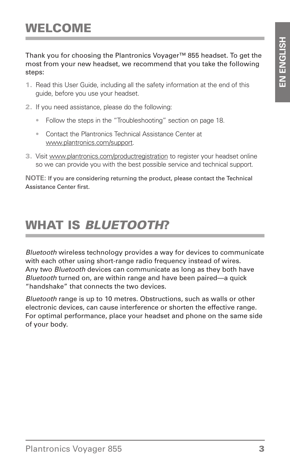 Welcome, What is bluetooth | Plantronics Voyager 855 Stereo Bluetooth Headset User Manual | Page 3 / 20