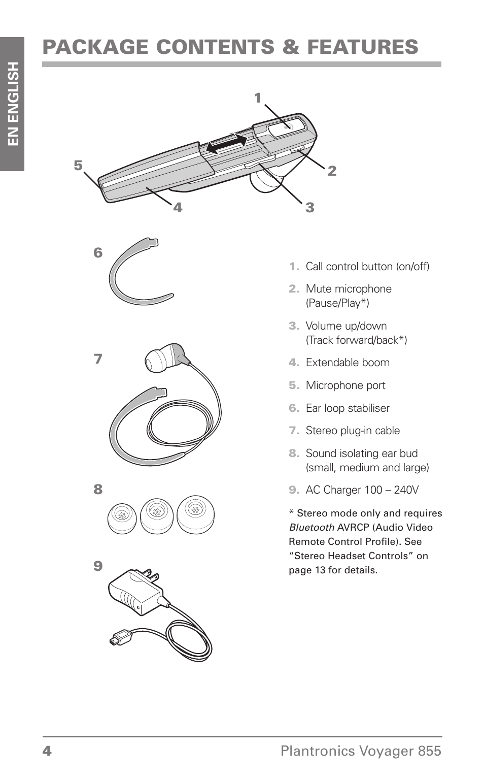 Package contents & features | Plantronics Voyager 855 Stereo Bluetooth Headset User Manual | Page 4 / 20