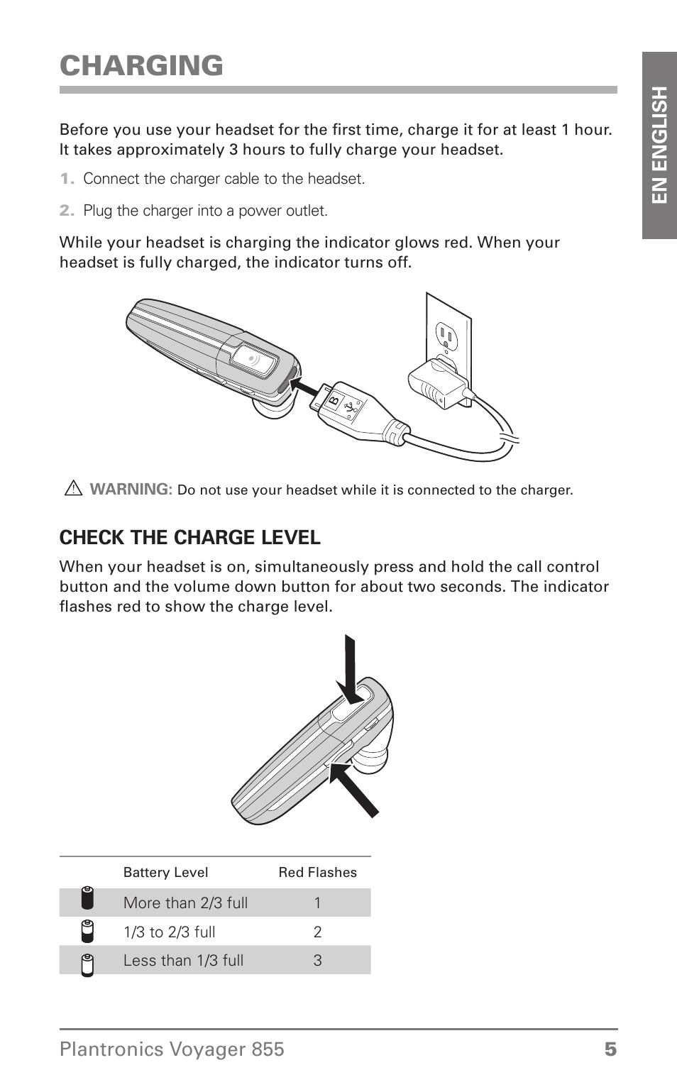 Charging | Plantronics Voyager 855 Stereo Bluetooth Headset User Manual | Page 5 / 20