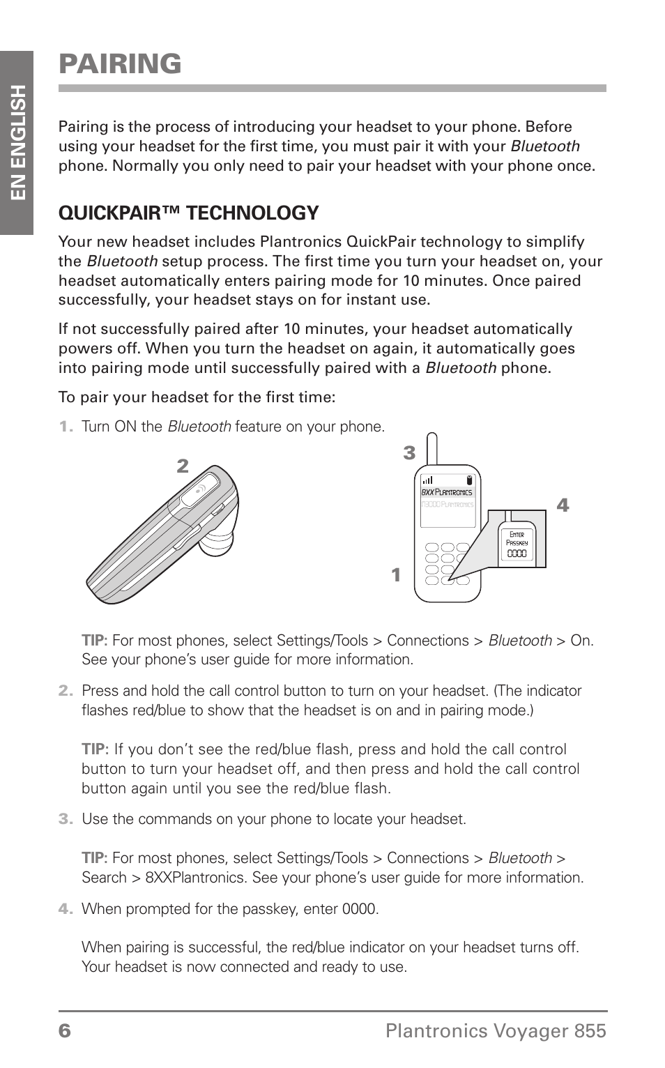 Pairing | Plantronics Voyager 855 Stereo Bluetooth Headset User Manual | Page 6 / 20