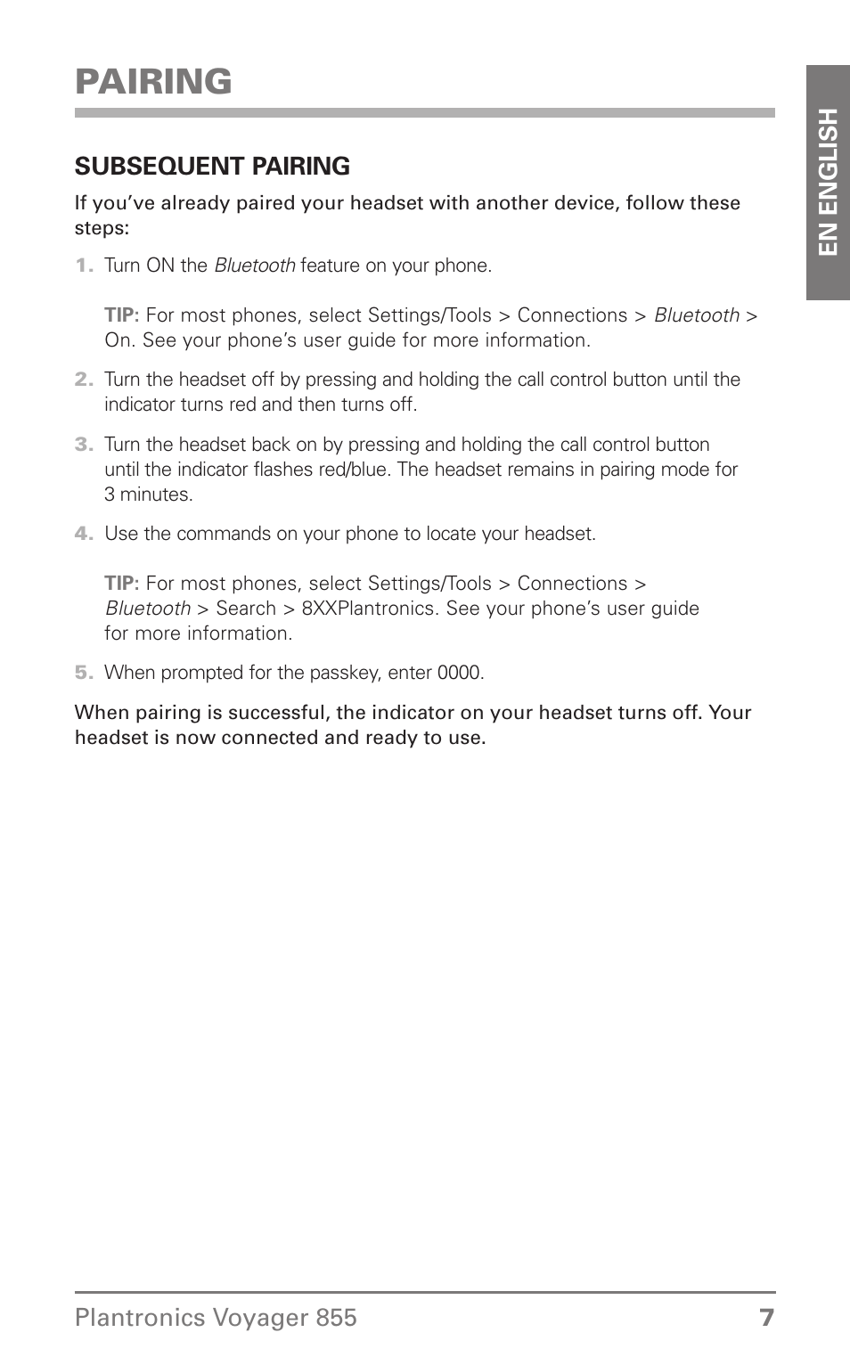 Pairing | Plantronics Voyager 855 Stereo Bluetooth Headset User Manual | Page 7 / 20