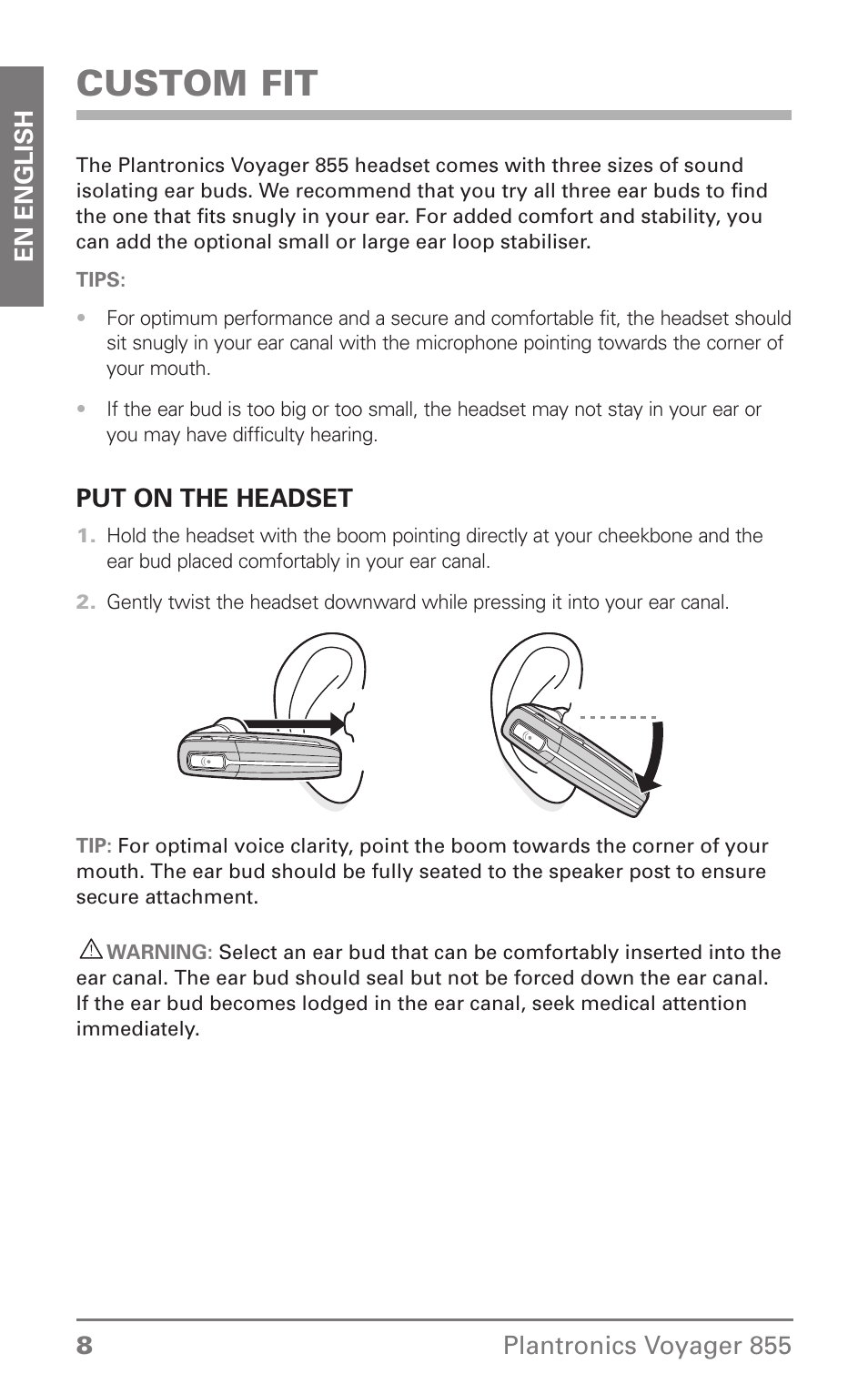 Custom fit | Plantronics Voyager 855 Stereo Bluetooth Headset User Manual | Page 8 / 20