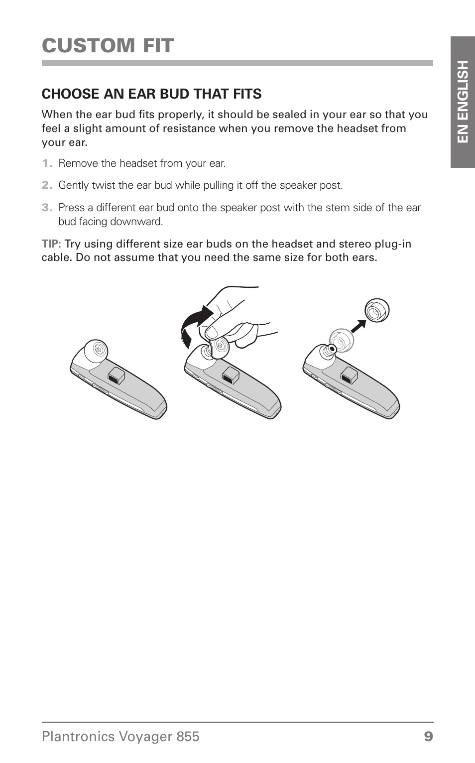 Custom fit | Plantronics Voyager 855 Stereo Bluetooth Headset User Manual | Page 9 / 20
