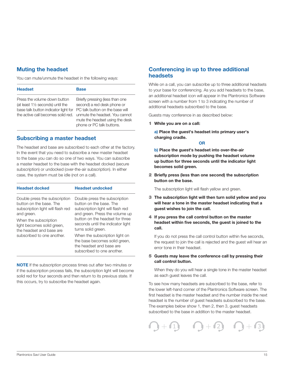 Subscribing a master headset, Muting the headset, Conferencing in up to three additional headsets | Plantronics Savi Office WO201 User Manual | Page 15 / 25