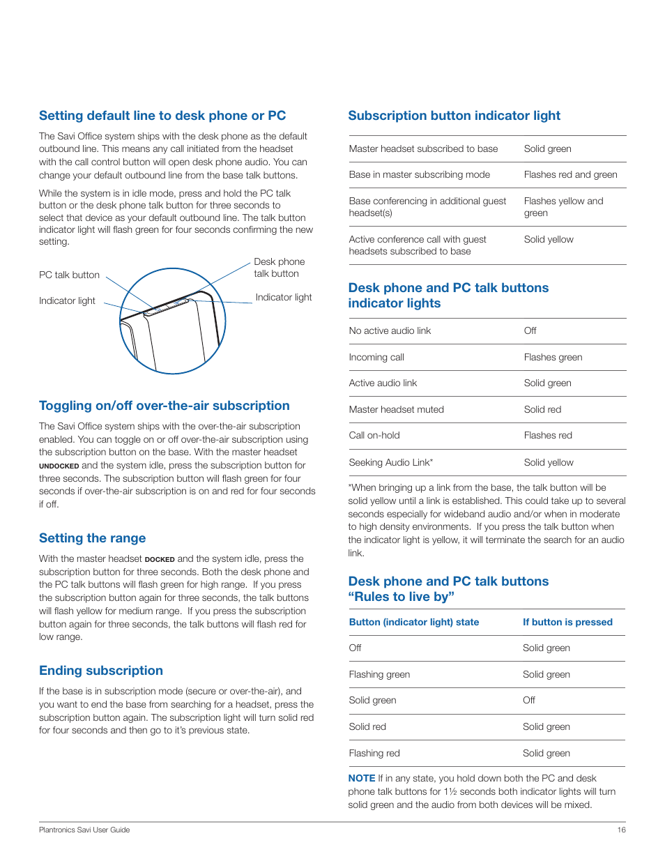 Toggling on/off over-the-air subscription, Setting the range, Ending subscription | Setting default line to desk phone or pc, Subscription button indicator light, Desk phone and pc talk buttons indicator lights, Desk phone and pc talk buttons “rules to live by | Plantronics Savi Office WO201 User Manual | Page 16 / 25