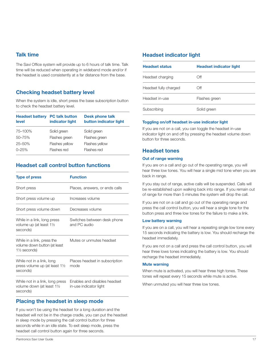 Headset indicator light, Headset tones, Headset call control button functions talk time | Placing the headset in sleep mode, Checking headset battery level | Plantronics Savi Office WO201 User Manual | Page 17 / 25