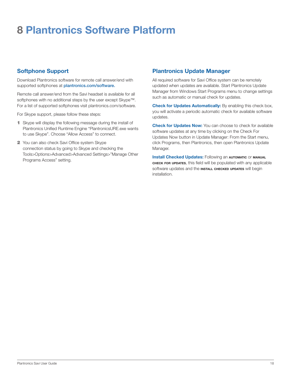 8plantronics software platform, Softphone support, Plantronics update manager | Plantronics Savi Office WO201 User Manual | Page 18 / 25