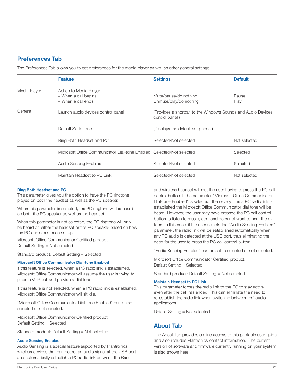 Preferences tab, About tab | Plantronics Savi Office WO201 User Manual | Page 21 / 25
