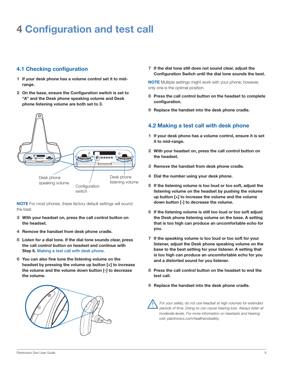 4configuration and test call, 1 checking configuration, 2 making a test call with desk phone | Plantronics Savi Office WO201 User Manual | Page 9 / 25