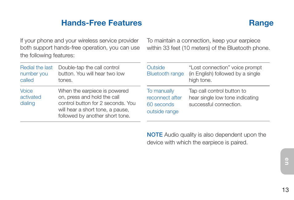 Hands-free features range | Plantronics Discovery 975 User Manual | Page 17 / 21