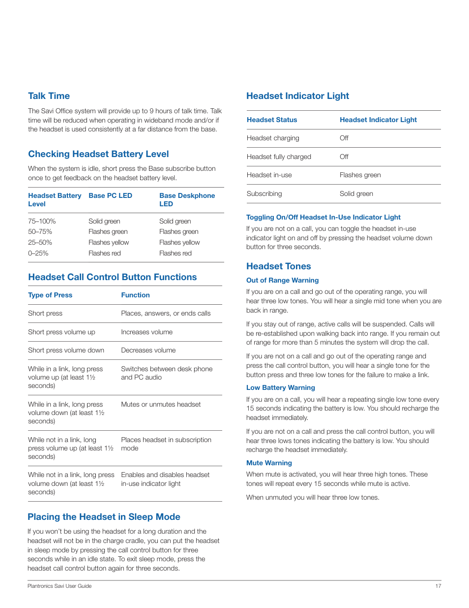 Headset indicator light, Headset tones, Headset call control button functions talk time | Checking headset battery level, Placing the headset in sleep mode | Plantronics Savi Office WO100 User Manual | Page 17 / 25