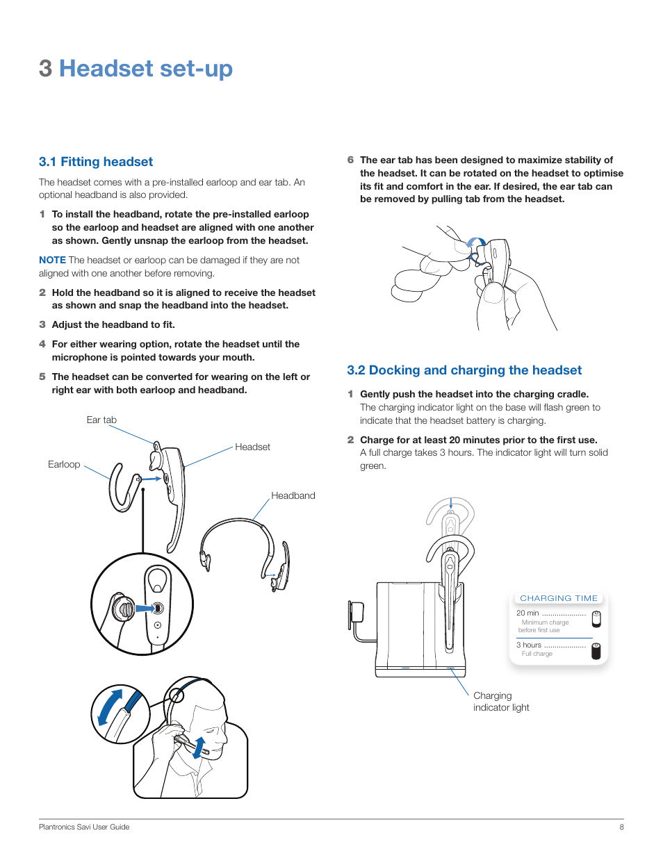 3headset set-up, 2 docking and charging the headset, 1 fitting headset | Plantronics Savi Office WO100 User Manual | Page 8 / 25