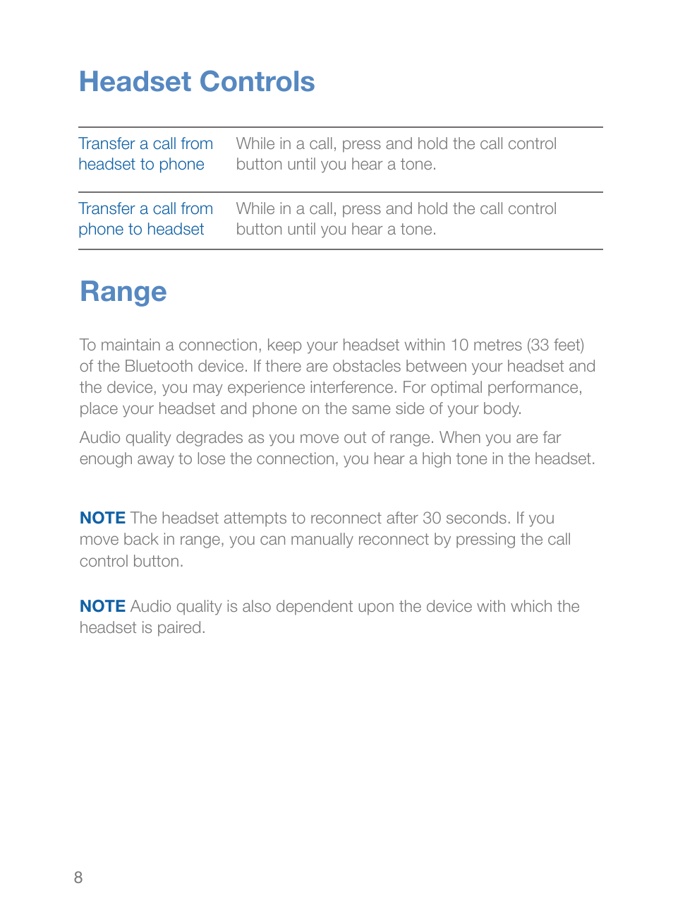 Range, Headset controls | Plantronics Explorer 260 User Manual | Page 12 / 18
