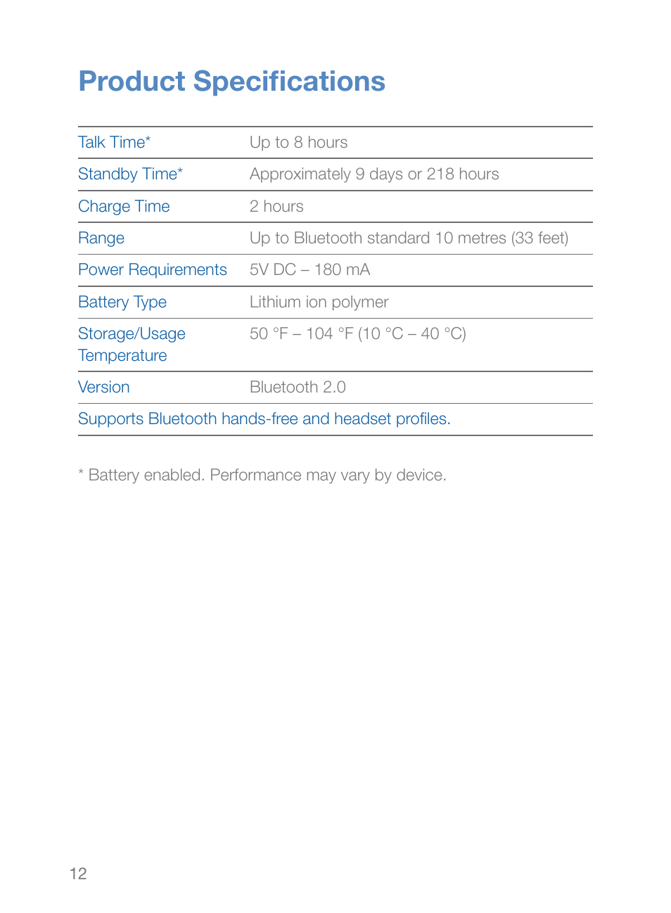Product specifi cations | Plantronics Explorer 260 User Manual | Page 16 / 18
