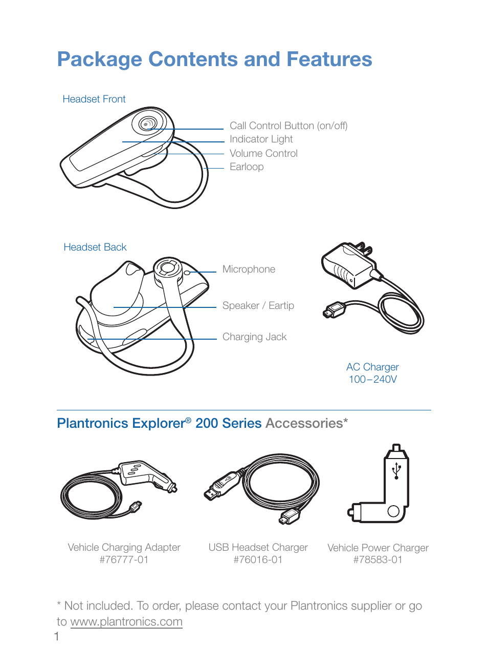 Package contents and features, Plantronics explorer, 200 series accessories | Plantronics Explorer 260 User Manual | Page 5 / 18