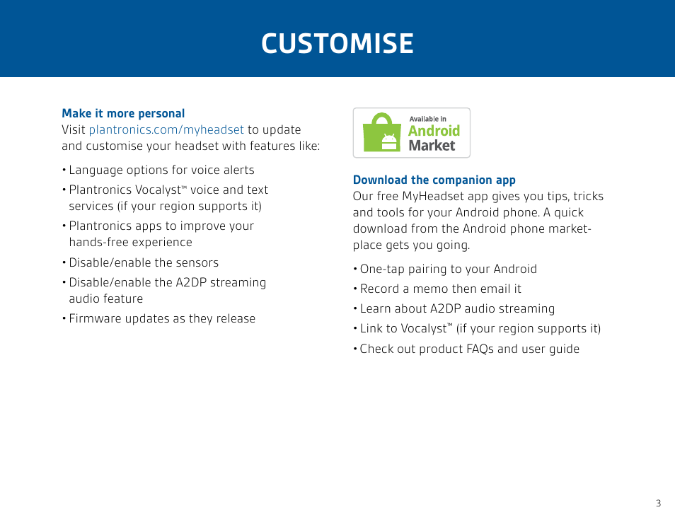 Customise | Plantronics Voyager PRO HD User Manual | Page 3 / 11