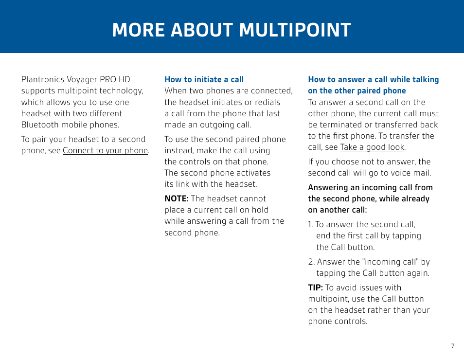 More about multipoint | Plantronics Voyager PRO HD User Manual | Page 7 / 11