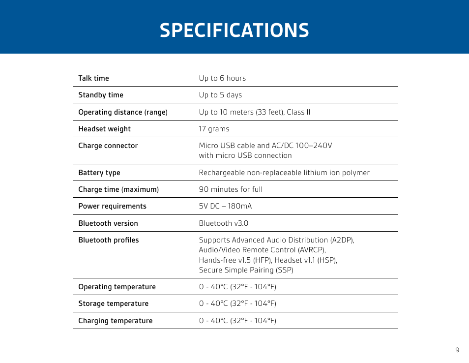 Specifications | Plantronics Voyager PRO HD User Manual | Page 9 / 11